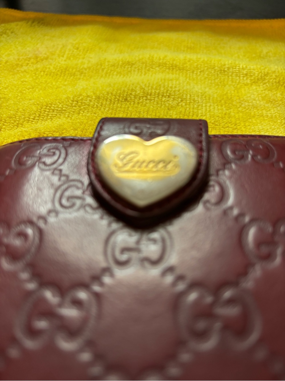 AUTHENTIC Gucci Metallic Guccissima Heart French Flap Wallet - Burgundy Red - Picture 6 of 13